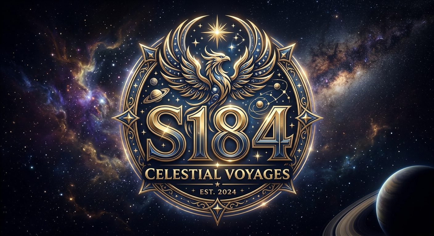 S184 celestial emblem: gold phoenix medallion in a nebula field